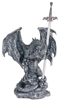 Large-scale Silver Dragon in Armor with Sword