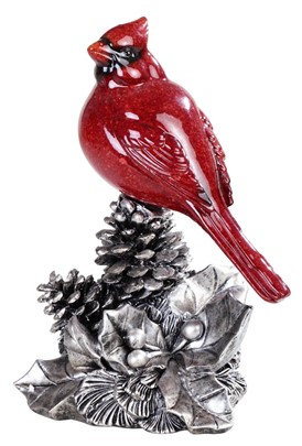 8" Red Cardinal on Silver Pinecone | GSC Imports